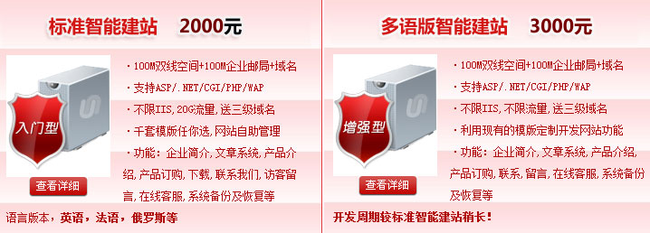 標準智能建站2000元，多語版智能建站3000元100M雙線空間+100M企業郵局+域名·支持ASP/.NET/CGI/PHP/WAP·不限IIS,不限流量。智能建站系統“魔方”價格介紹! 熱線電話：400-697-8610 01062199213